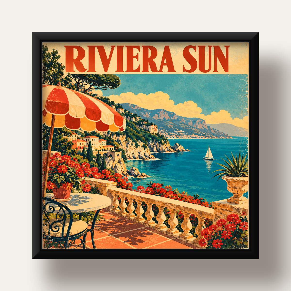 Riviera Sun Vintage Akdeniz Seyahat Afişi — siyah derin çerçeveli