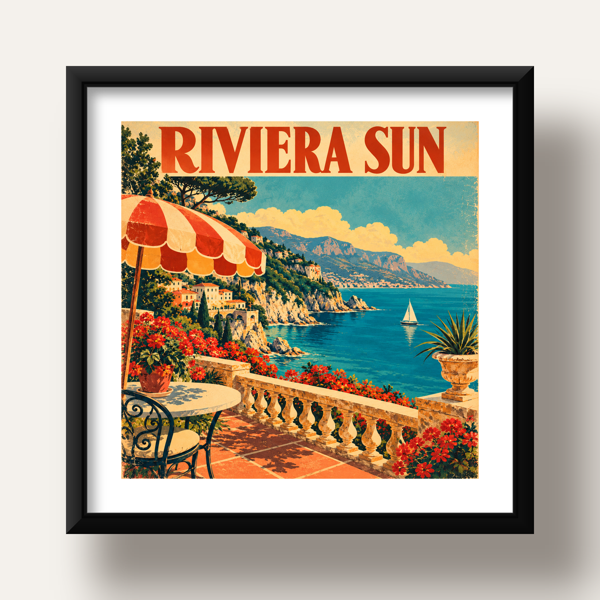 Riviera Sun Vintage Akdeniz Seyahat Afişi — siyah derin çerçeveli paspartulu