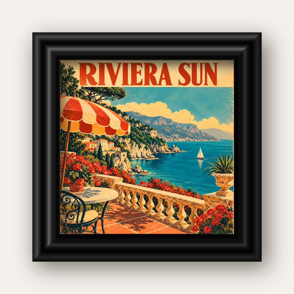 Riviera Sun Vintage Akdeniz Seyahat Afişi — siyah galeri çerçeveli