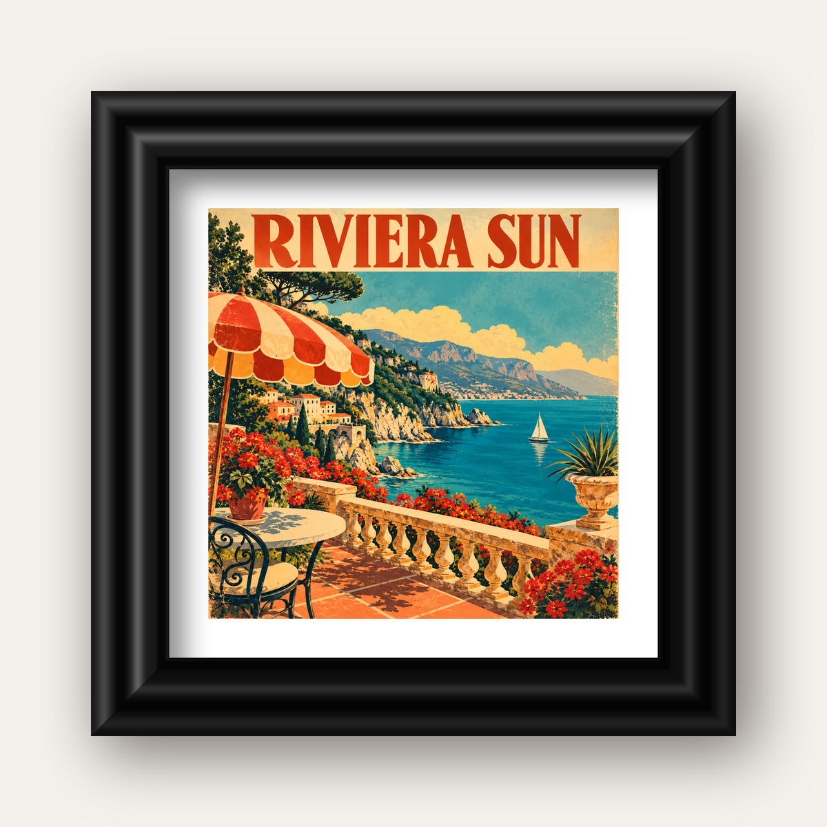 Riviera Sun Vintage Akdeniz Seyahat Afişi — siyah galeri çerçeveli paspartulu