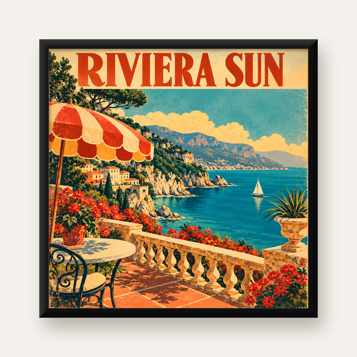 Akdeniz Sahilinde Teras Manzaralı Retro Poster — Kare baskı, düz siyah çerçeveli duvar posteri