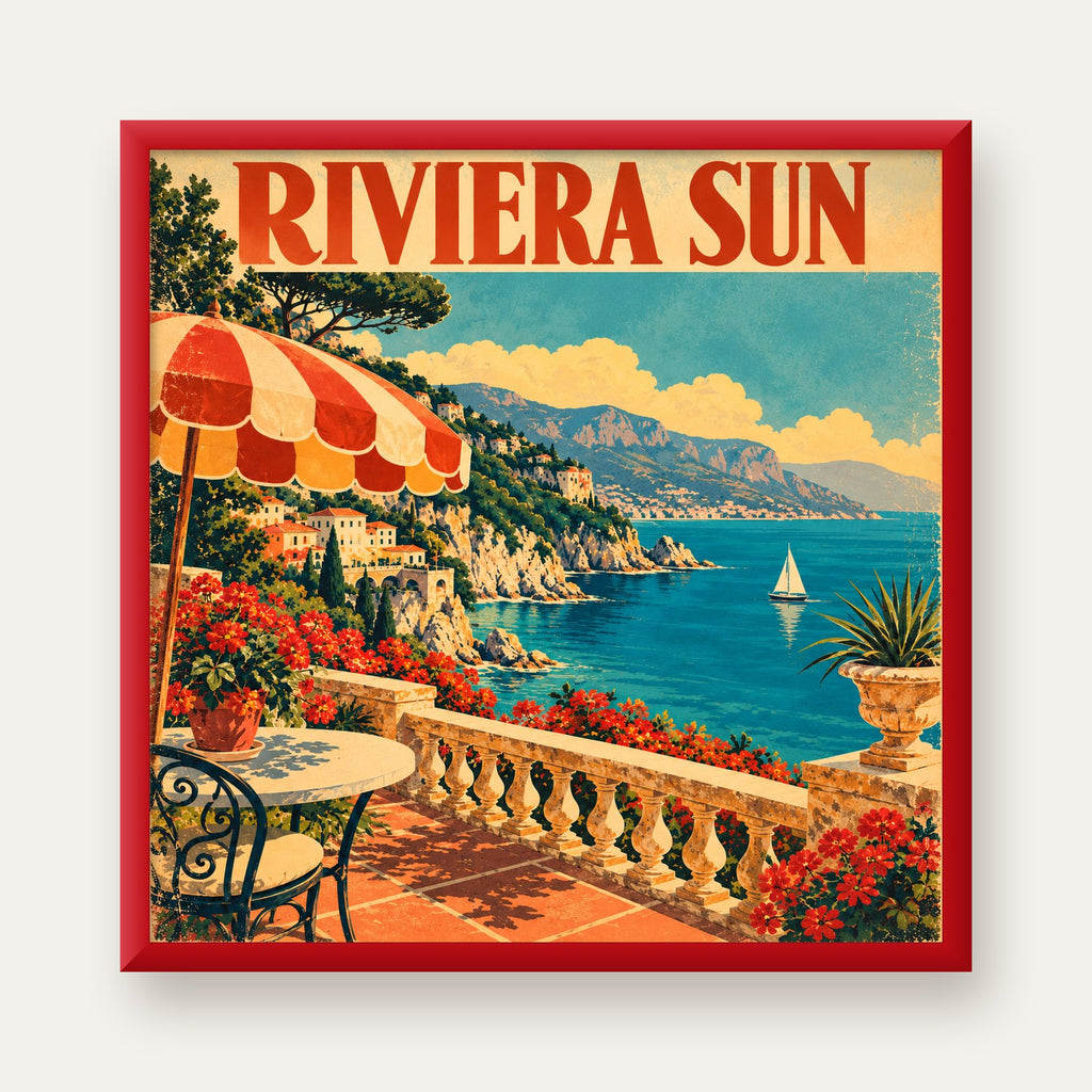 Riviera Sun Vintage Akdeniz Seyahat Afişi — kırmızı çerçeveli