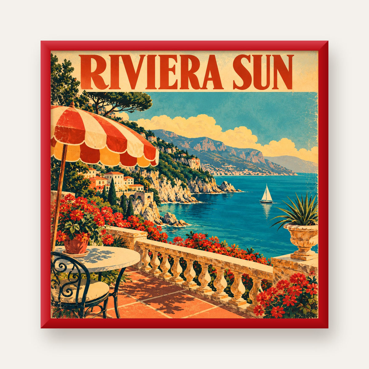 Riviera Sun Vintage Akdeniz Seyahat Afişi — kırmızı çerçeveli