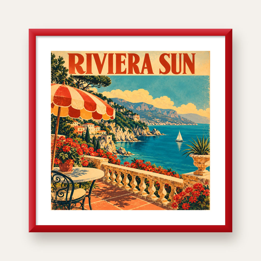 Riviera Sun Vintage Akdeniz Seyahat Afişi — kırmızı çerçeveli paspartulu