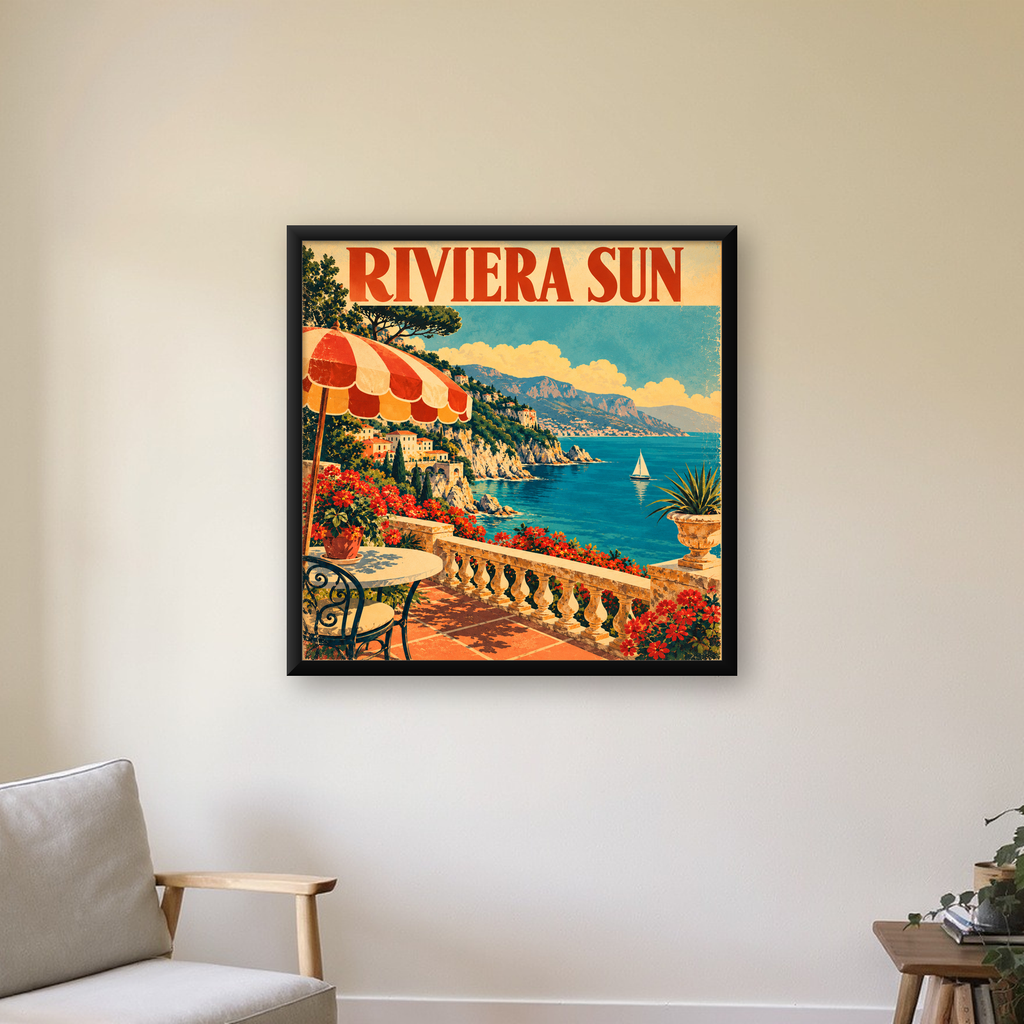 Akdeniz Sahilinde Teras Manzaralı Retro Poster — Kare baskı, çerçeveli hâliyle bir ev duvarında
