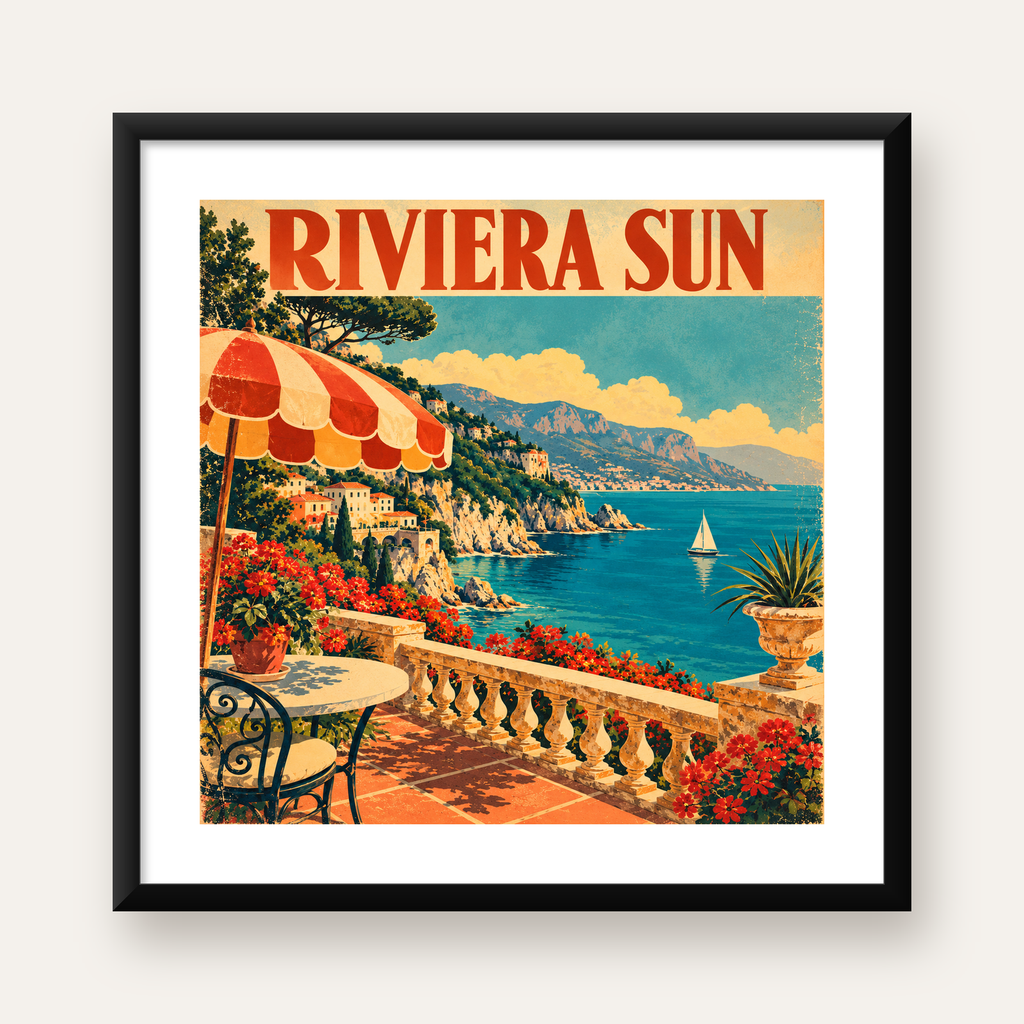 Akdeniz Sahilinde Teras Manzaralı Retro Poster — Kare baskı, beyaz kenar boşluklu