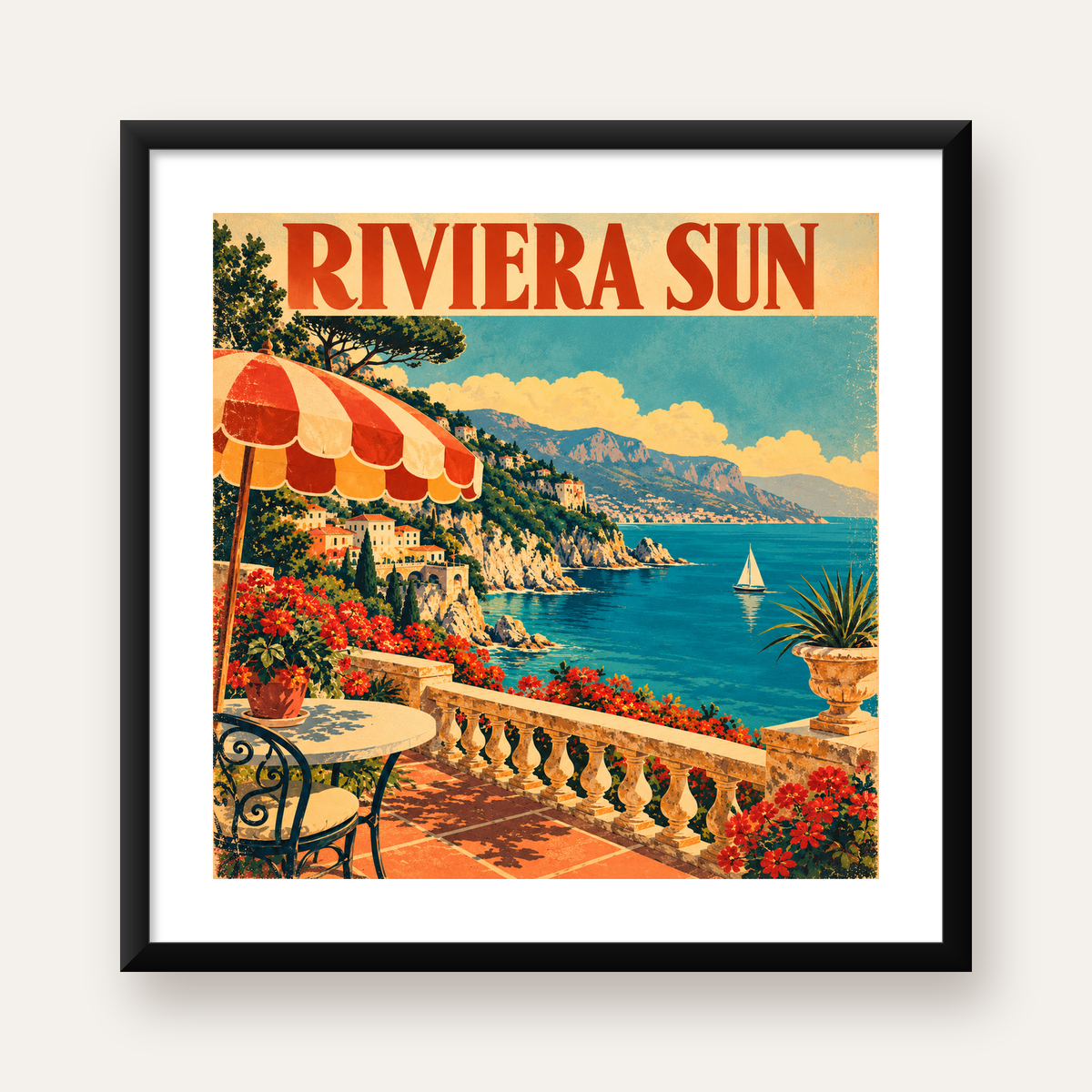 Akdeniz Sahilinde Teras Manzaralı Retro Poster — Kare baskı, beyaz kenar boşluklu