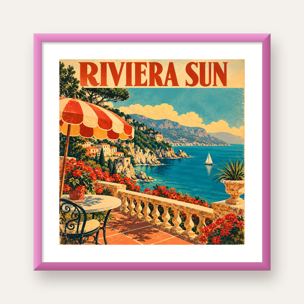 Riviera Sun Vintage Akdeniz Seyahat Afişi — pembe çerçeveli paspartulu