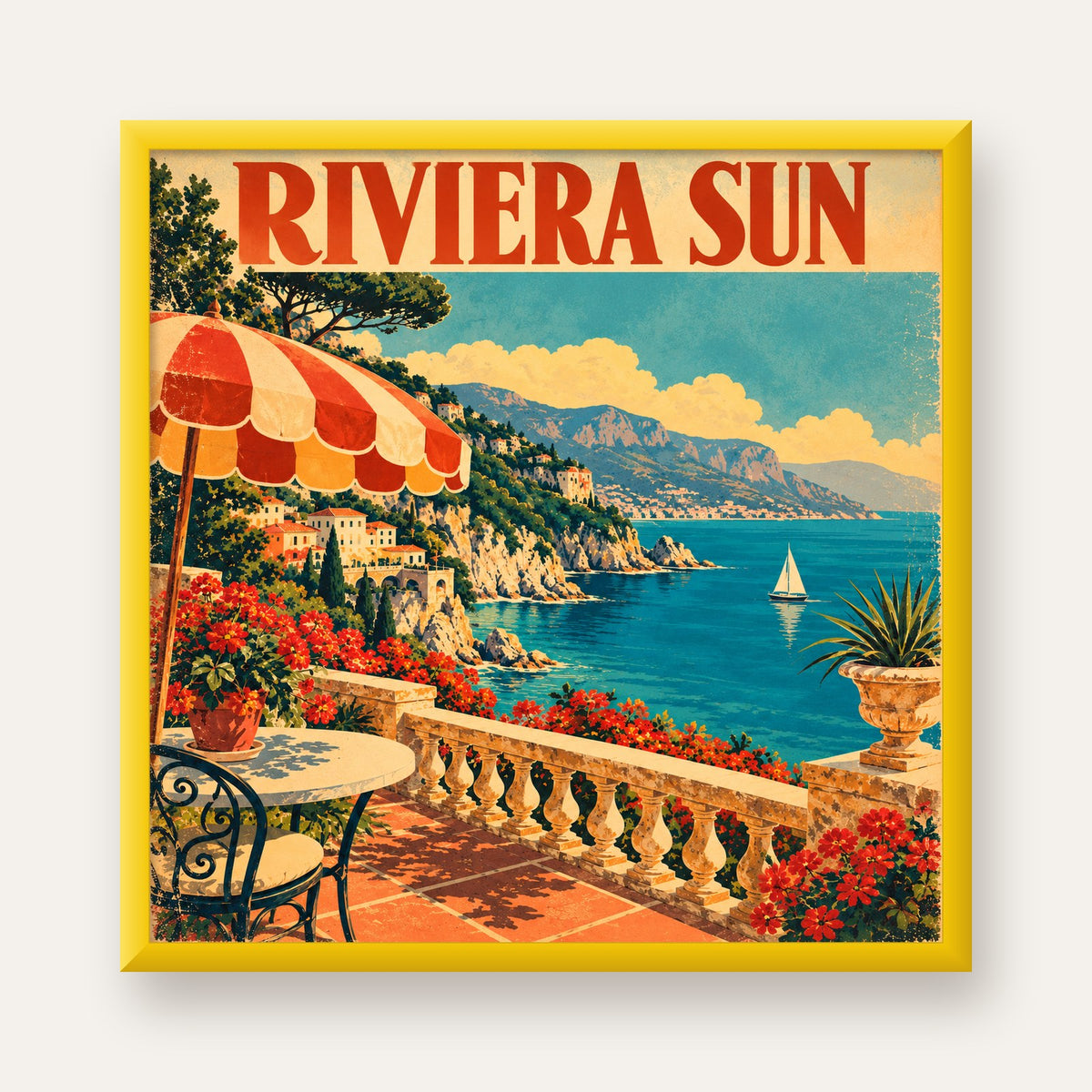 Riviera Sun Vintage Akdeniz Seyahat Afişi — sarı çerçeveli