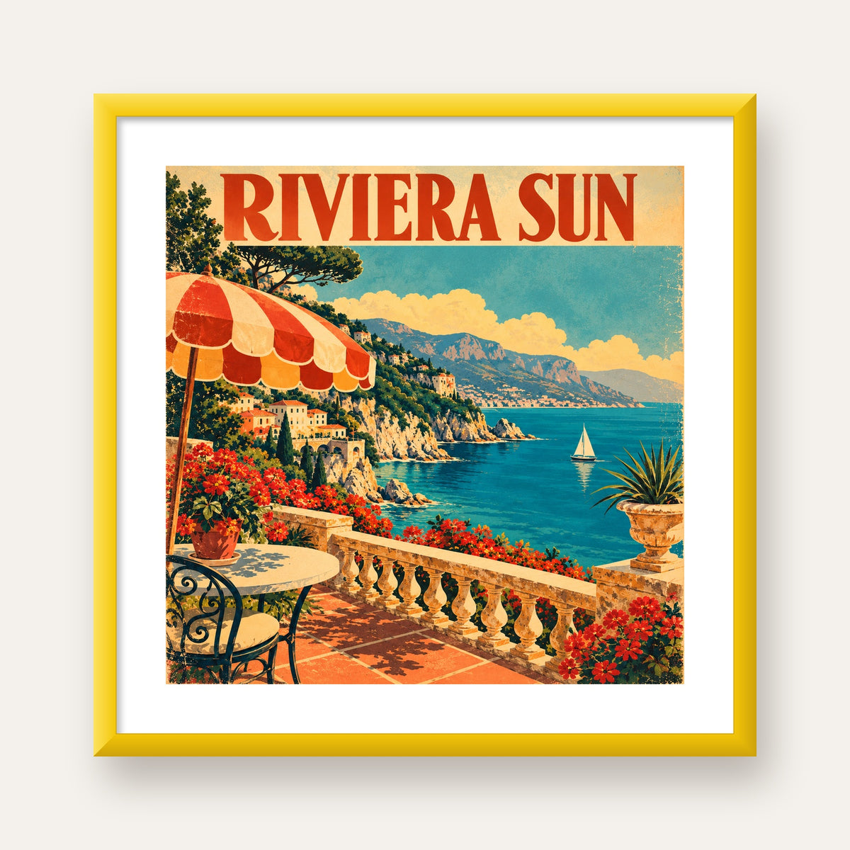 Riviera Sun Vintage Akdeniz Seyahat Afişi — sarı çerçeveli paspartulu