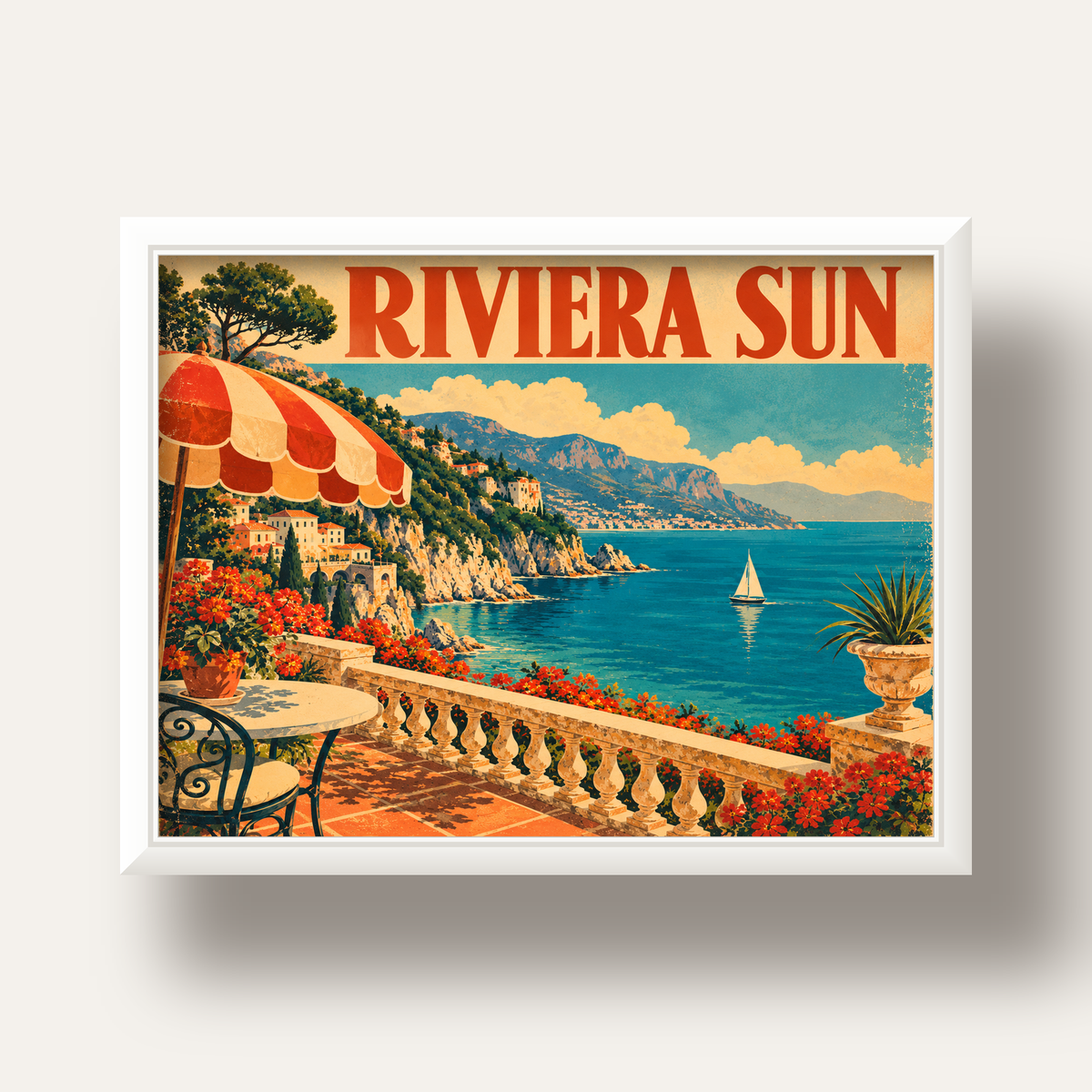 Riviera Sun Vintage Akdeniz Seyahat Afişi — beyaz derin çerçeveli