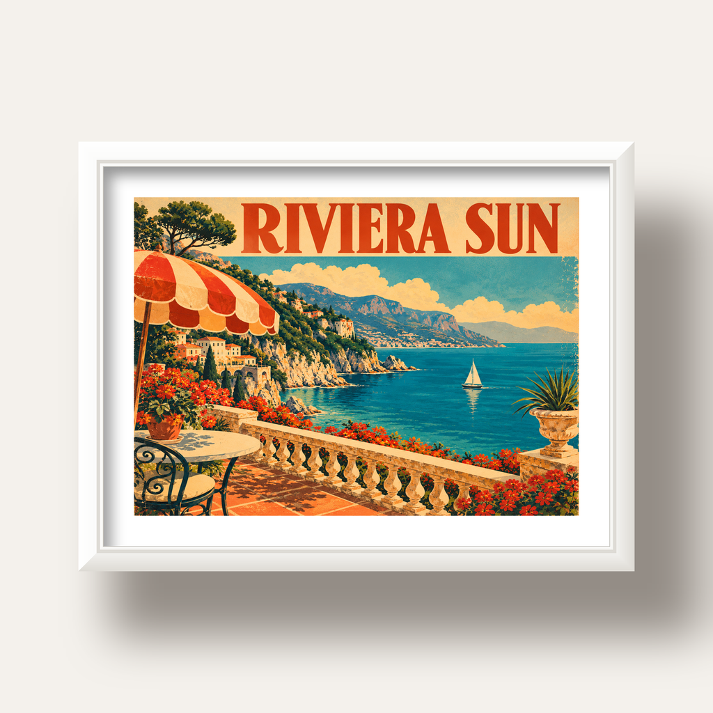 Riviera Sun Vintage Akdeniz Seyahat Afişi — beyaz derin çerçeveli paspartulu