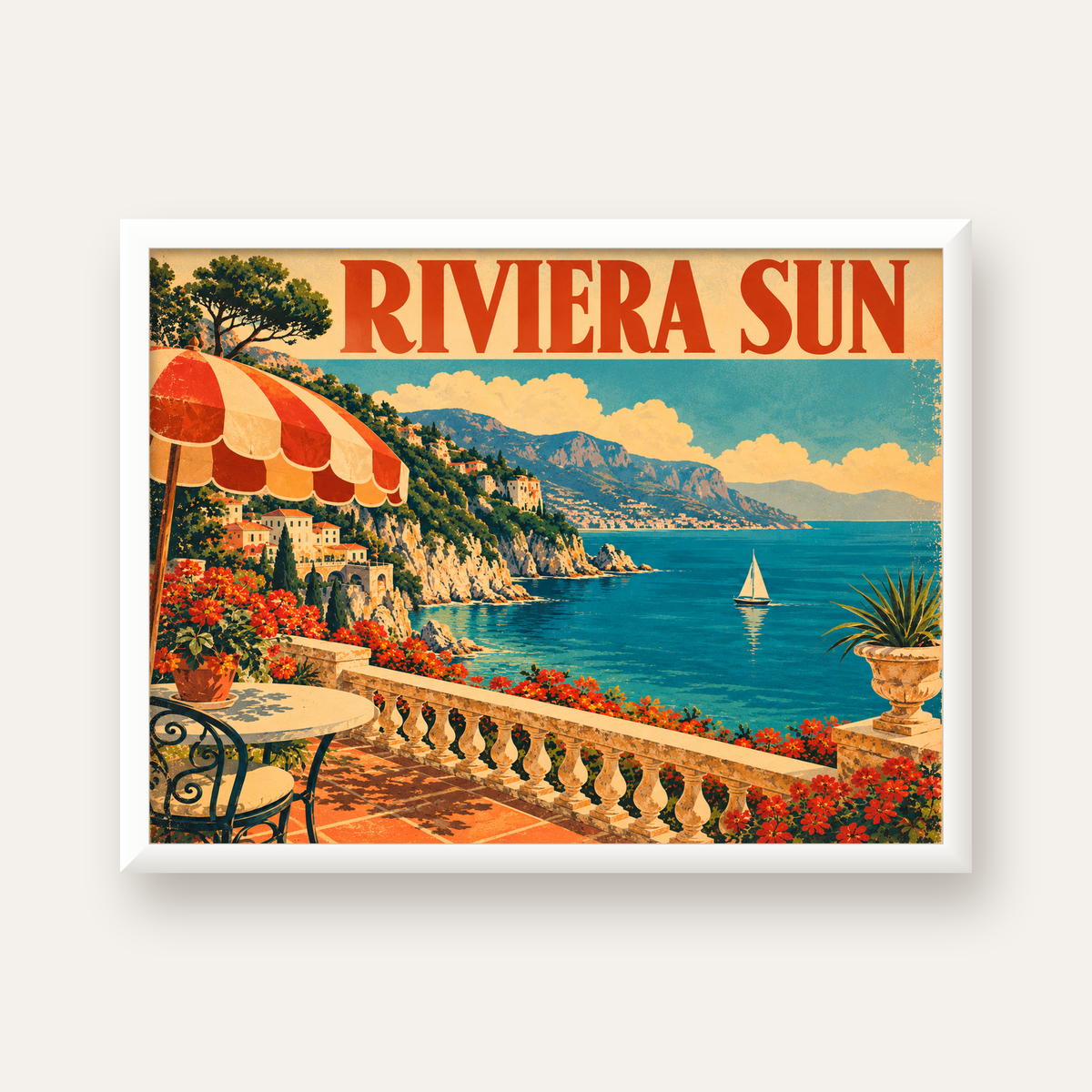 Riviera Sun Vintage Akdeniz Seyahat Afişi — beyaz çerçeveli yatay poster