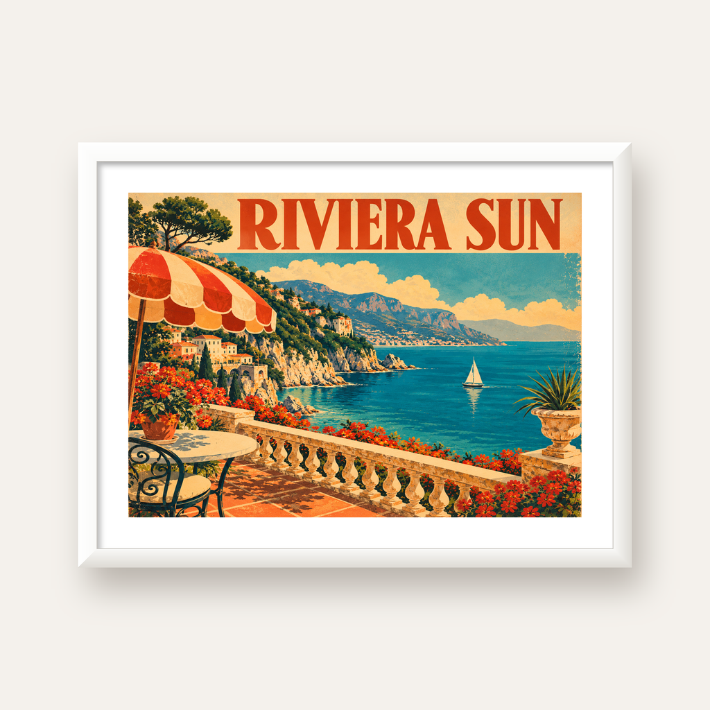 Riviera Sun Vintage Akdeniz Seyahat Afişi — beyaz çerçeveli yatay poster