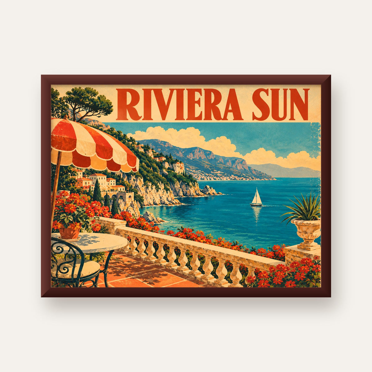 Riviera Sun Vintage Akdeniz Seyahat Afişi — ceviz çerçeveli