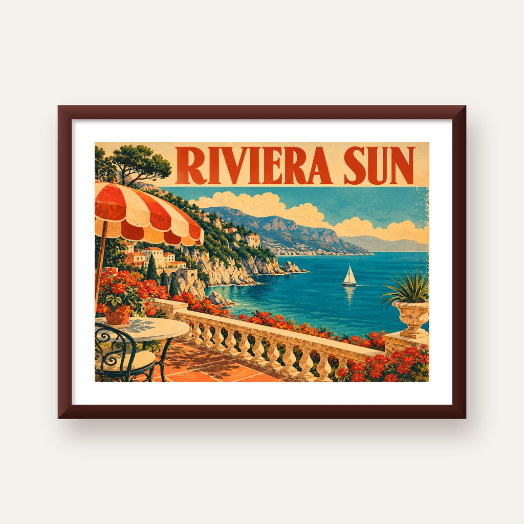 Riviera Sun Vintage Akdeniz Seyahat Afişi — ceviz çerçeveli paspartulu