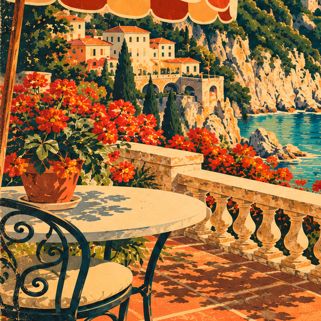 Akdeniz Sahilinde Teras Manzaralı Retro Poster — baskının yakın çekimi, kâğıt dokusu ve renk detayı