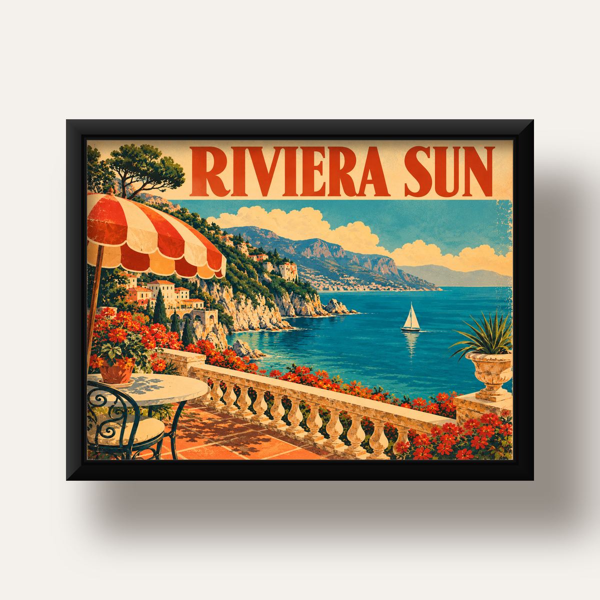 Riviera Sun Vintage Akdeniz Seyahat Afişi — siyah derin çerçeveli