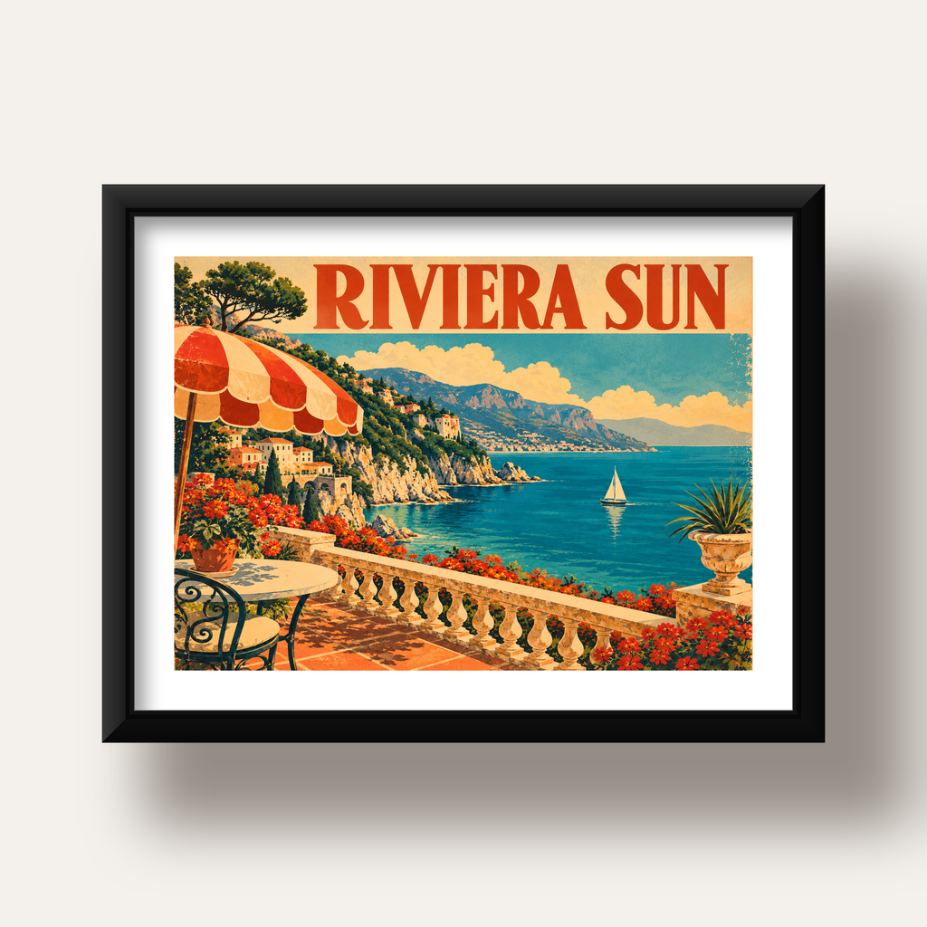 Riviera Sun Vintage Akdeniz Seyahat Afişi — siyah derin çerçeveli paspartulu