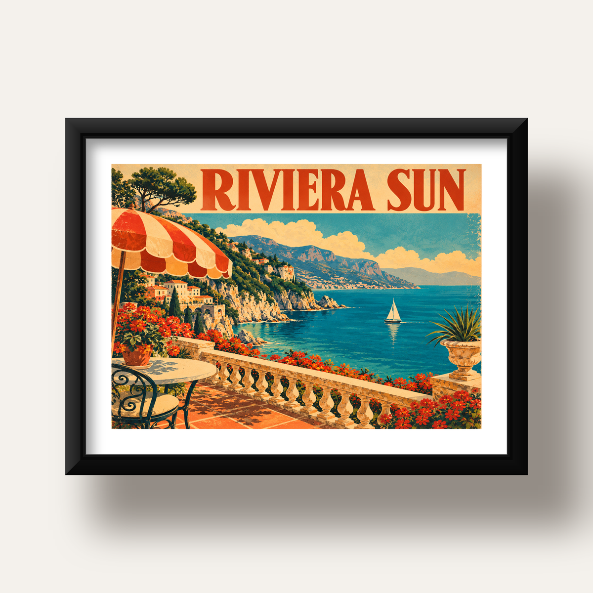 Riviera Sun Vintage Akdeniz Seyahat Afişi — siyah derin çerçeveli paspartulu