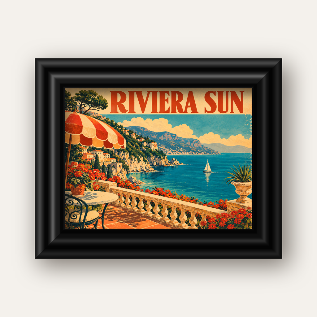 Riviera Sun Vintage Akdeniz Seyahat Afişi — siyah galeri çerçeveli