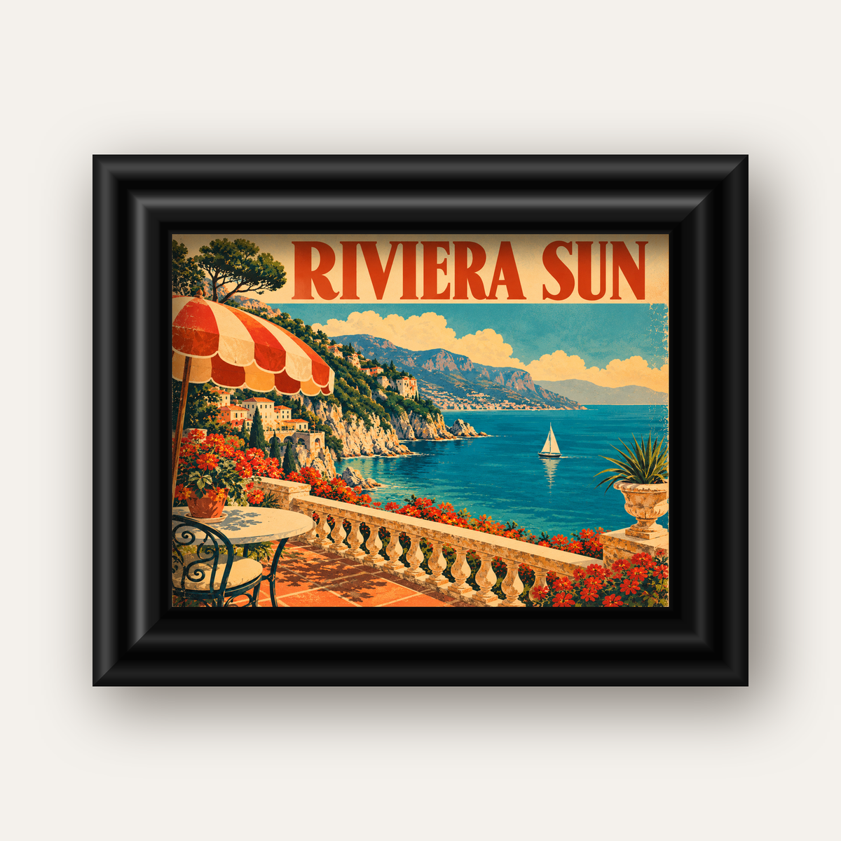 Riviera Sun Vintage Akdeniz Seyahat Afişi — siyah galeri çerçeveli