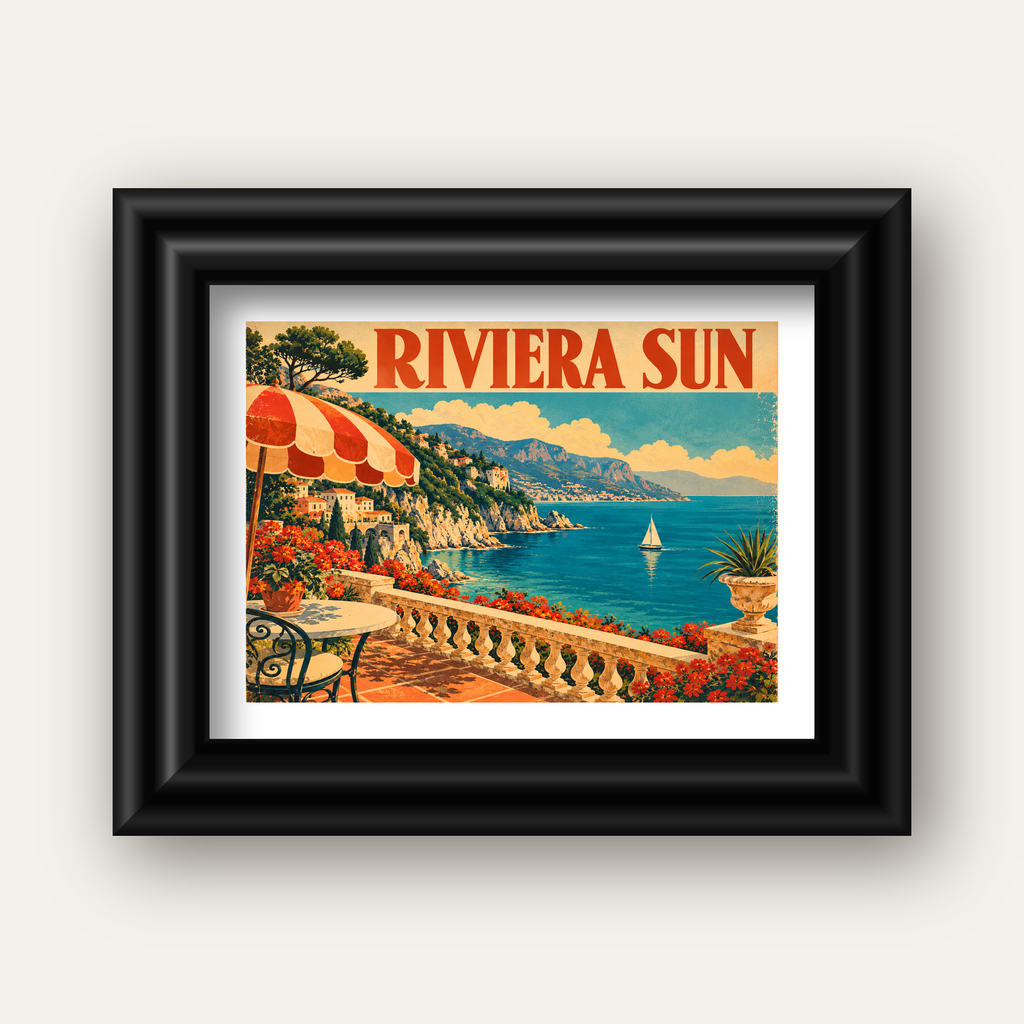 Riviera Sun Vintage Akdeniz Seyahat Afişi — siyah galeri çerçeveli paspartulu