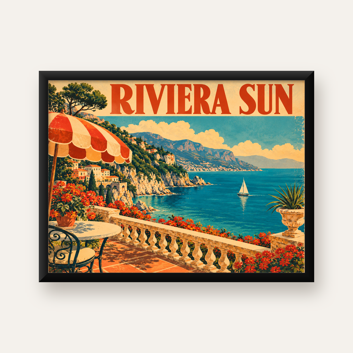 Akdeniz Sahilinde Teras Manzaralı Retro Poster — Yatay baskı, düz siyah çerçeveli duvar posteri