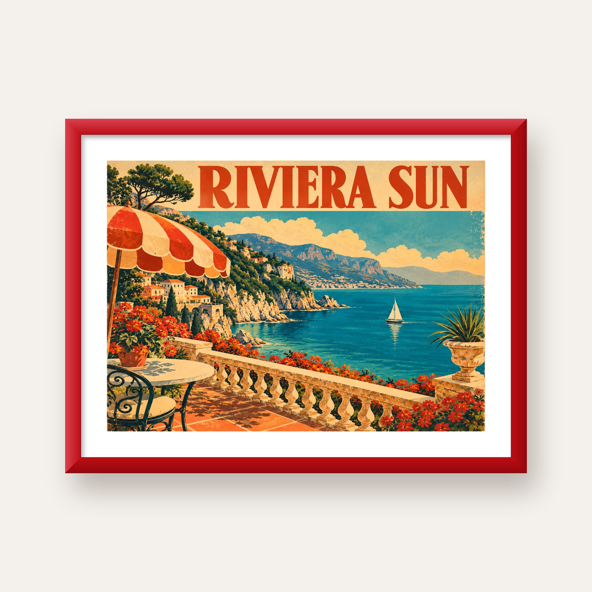 Riviera Sun Vintage Akdeniz Seyahat Afişi — kırmızı çerçeveli paspartulu