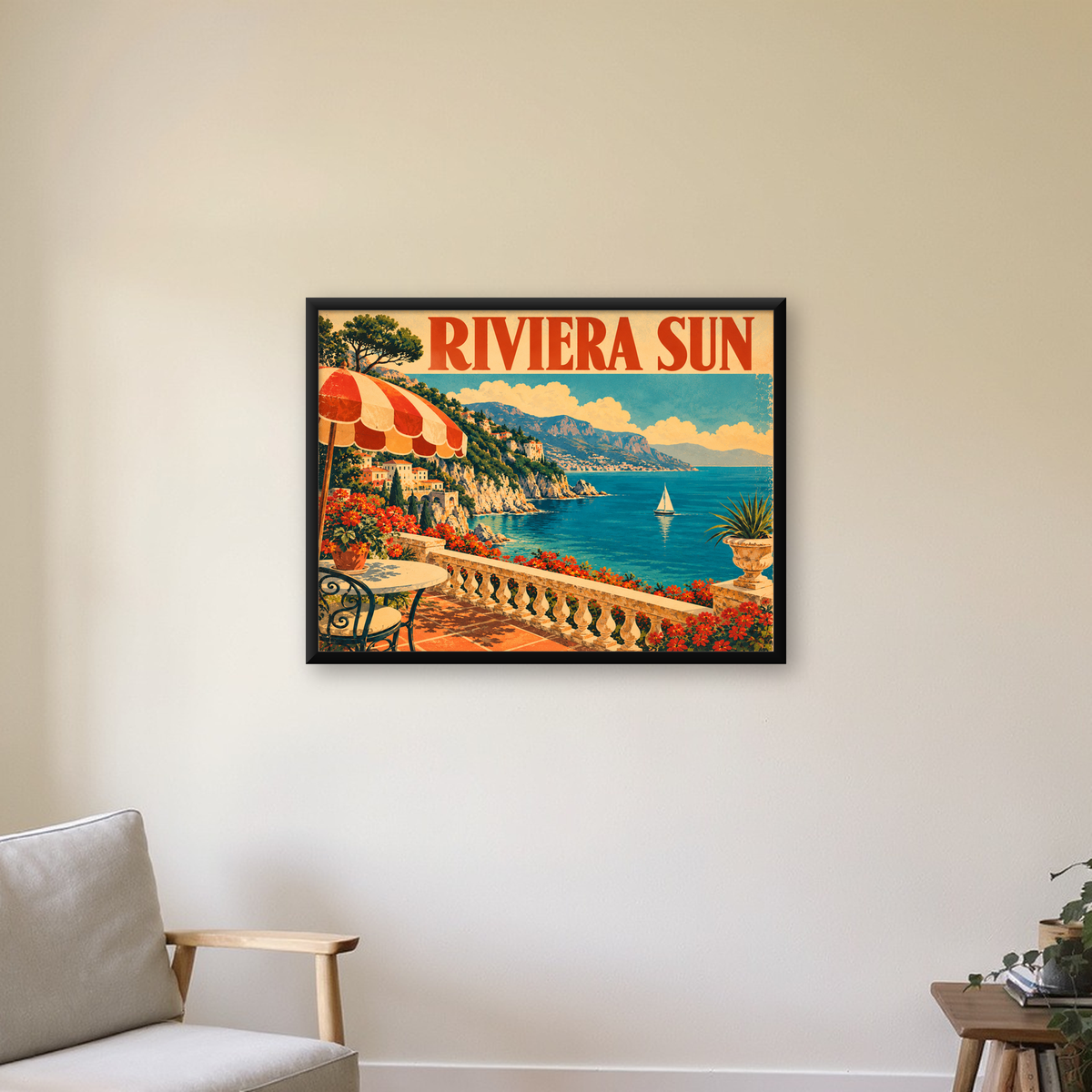 Akdeniz Sahilinde Teras Manzaralı Retro Poster — Yatay baskı, çerçeveli hâliyle bir ev duvarında