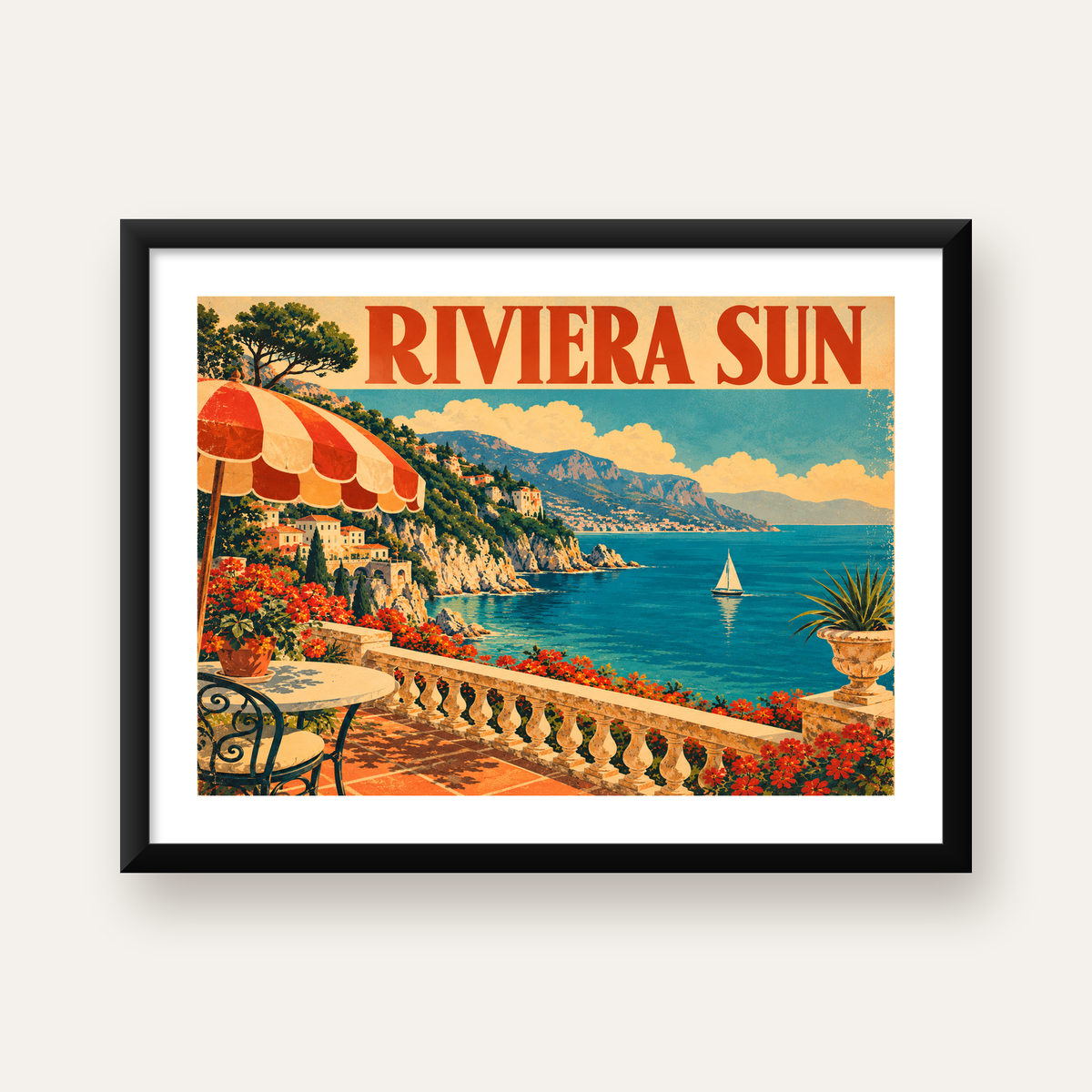 Akdeniz Sahilinde Teras Manzaralı Retro Poster — Yatay baskı, beyaz kenar boşluklu