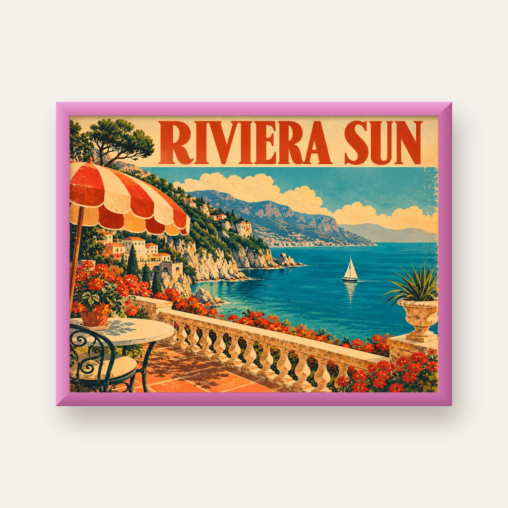 Riviera Sun Vintage Akdeniz Seyahat Afişi — pembe çerçeveli