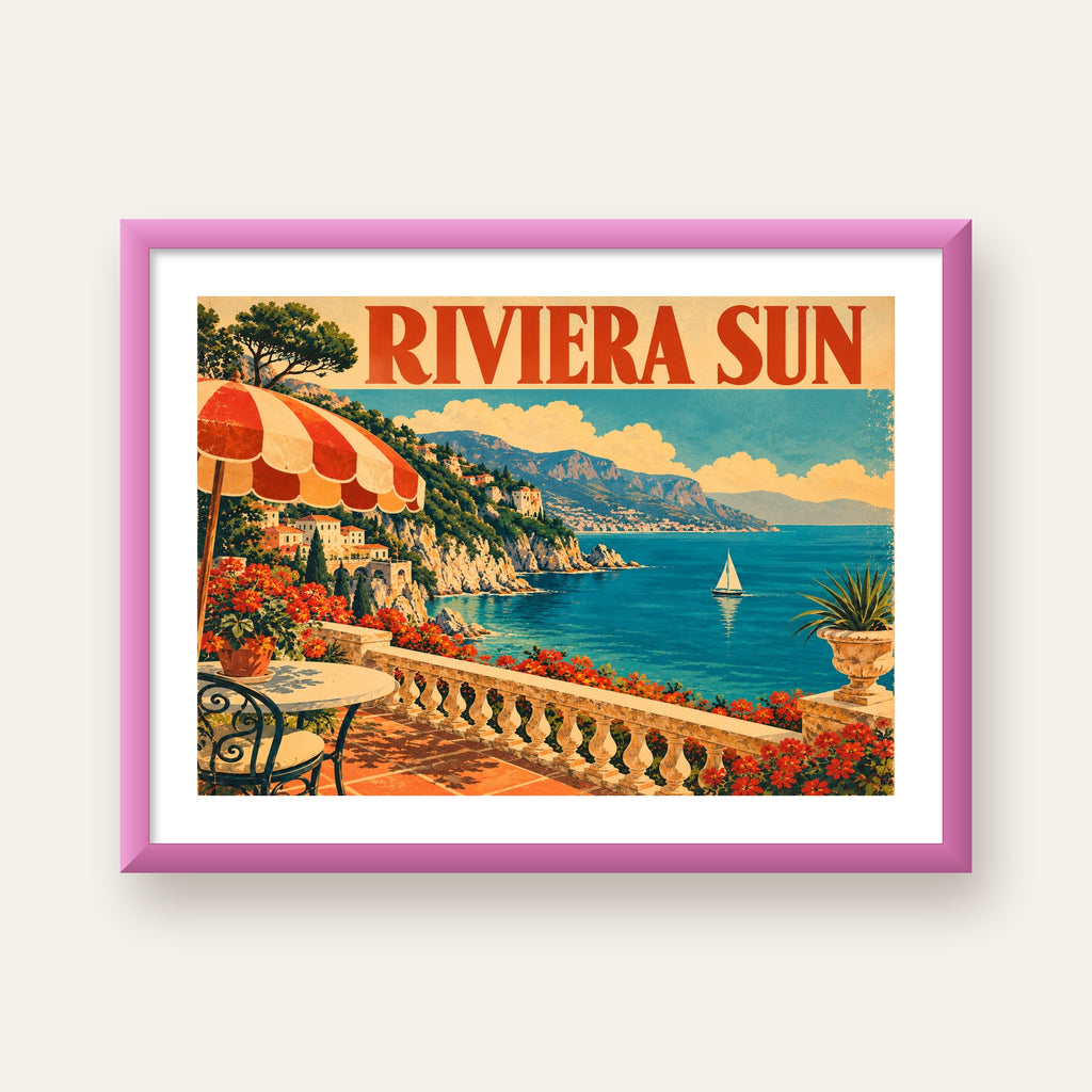 Riviera Sun Vintage Akdeniz Seyahat Afişi — pembe çerçeveli paspartulu
