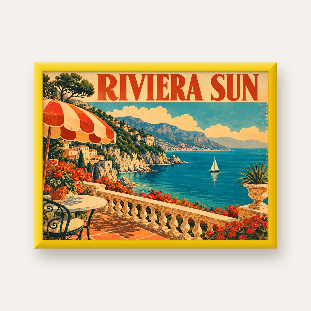 Riviera Sun Vintage Akdeniz Seyahat Afişi — sarı çerçeveli