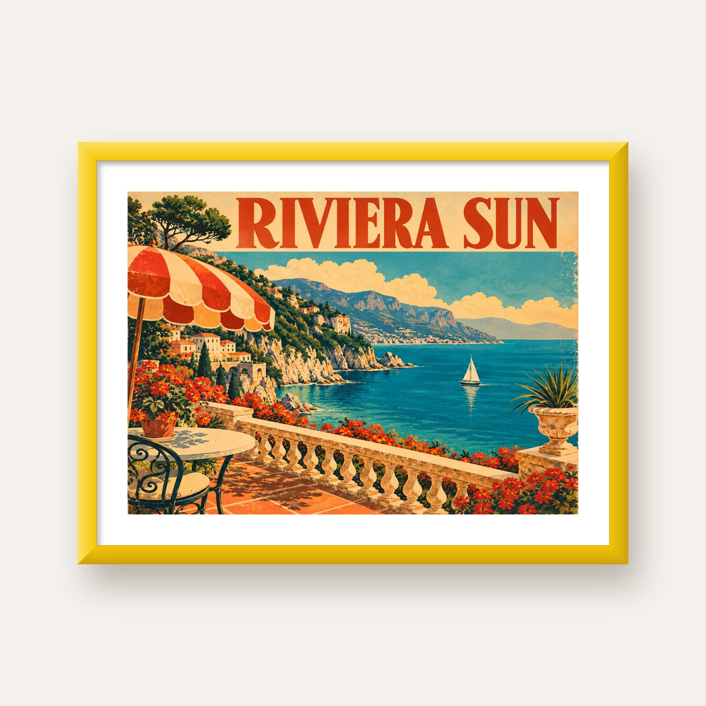 Riviera Sun Vintage Akdeniz Seyahat Afişi — sarı çerçeveli paspartulu