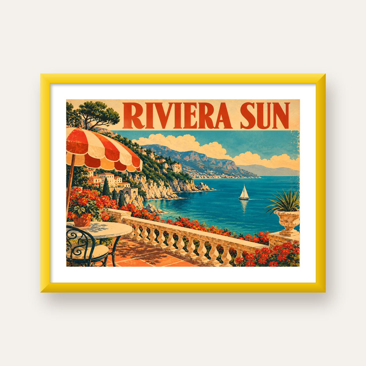 Riviera Sun Vintage Akdeniz Seyahat Afişi — sarı çerçeveli paspartulu