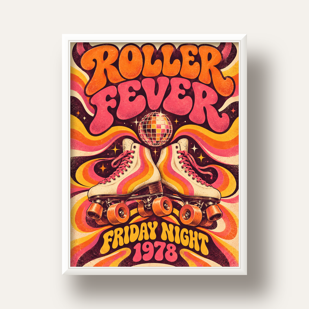 Retro Paten ve Disko Topu Poster – Renkli 70’ler Duvar Dekoru — beyaz derin çerçeveli