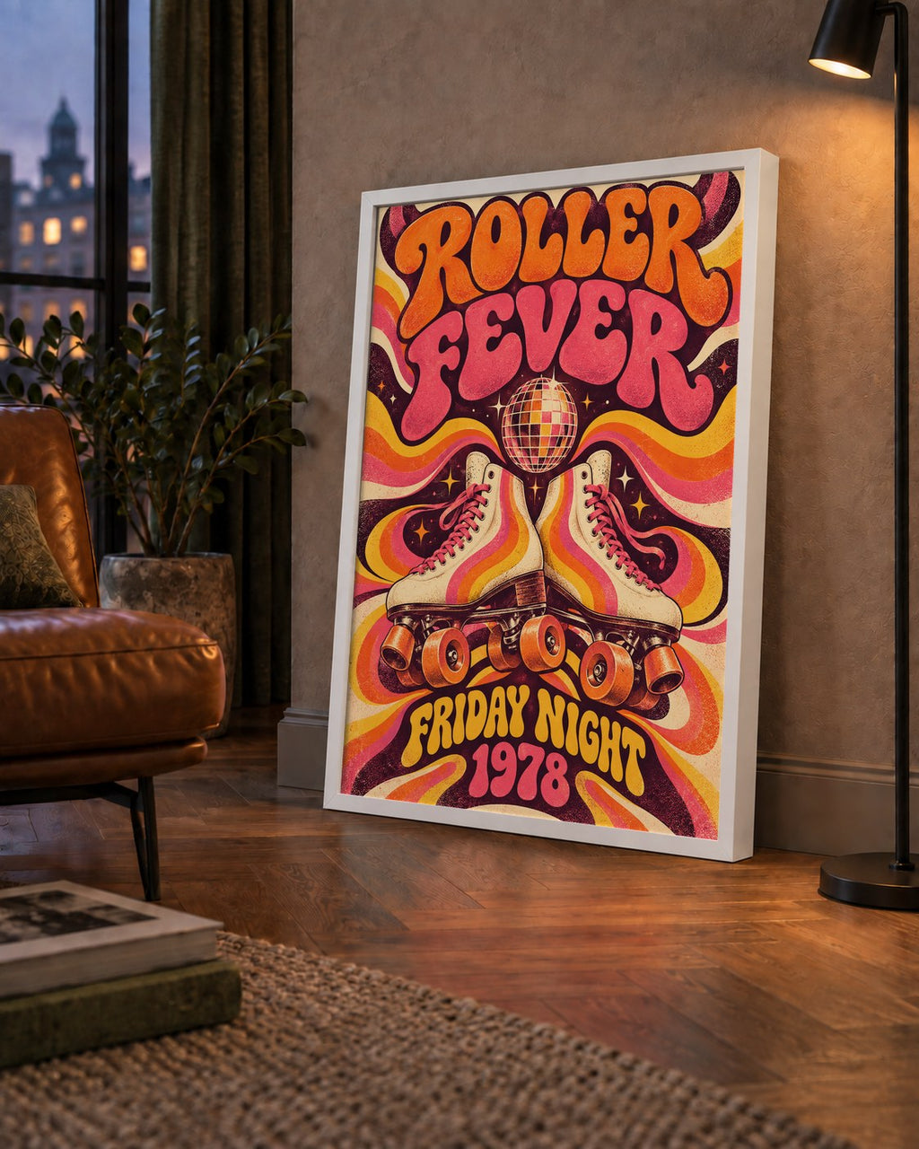 Retro Paten ve Disko Topu Poster – Renkli 70’ler Duvar Dekoru — çerçeveli hâliyle bir ev duvarında