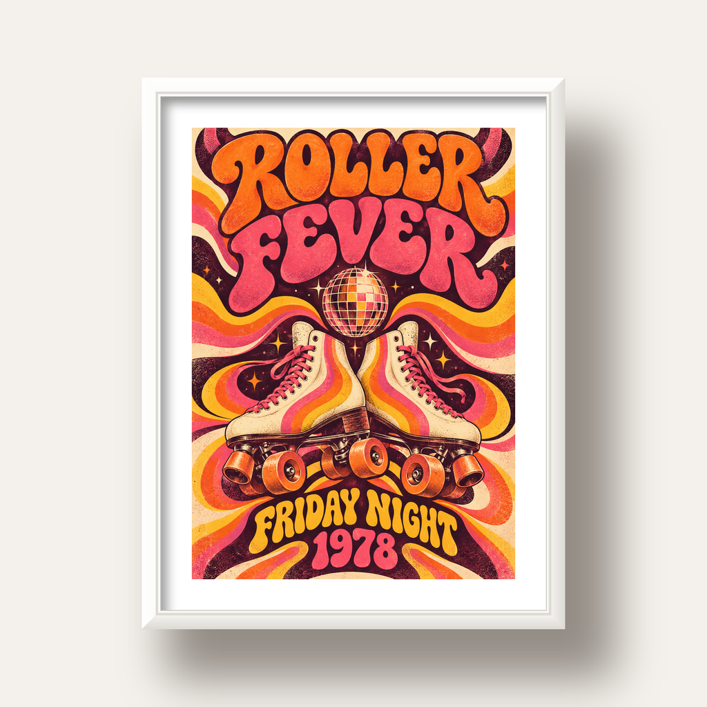 Retro Paten ve Disko Topu Poster – Renkli 70’ler Duvar Dekoru — beyaz derin çerçeveli paspartulu