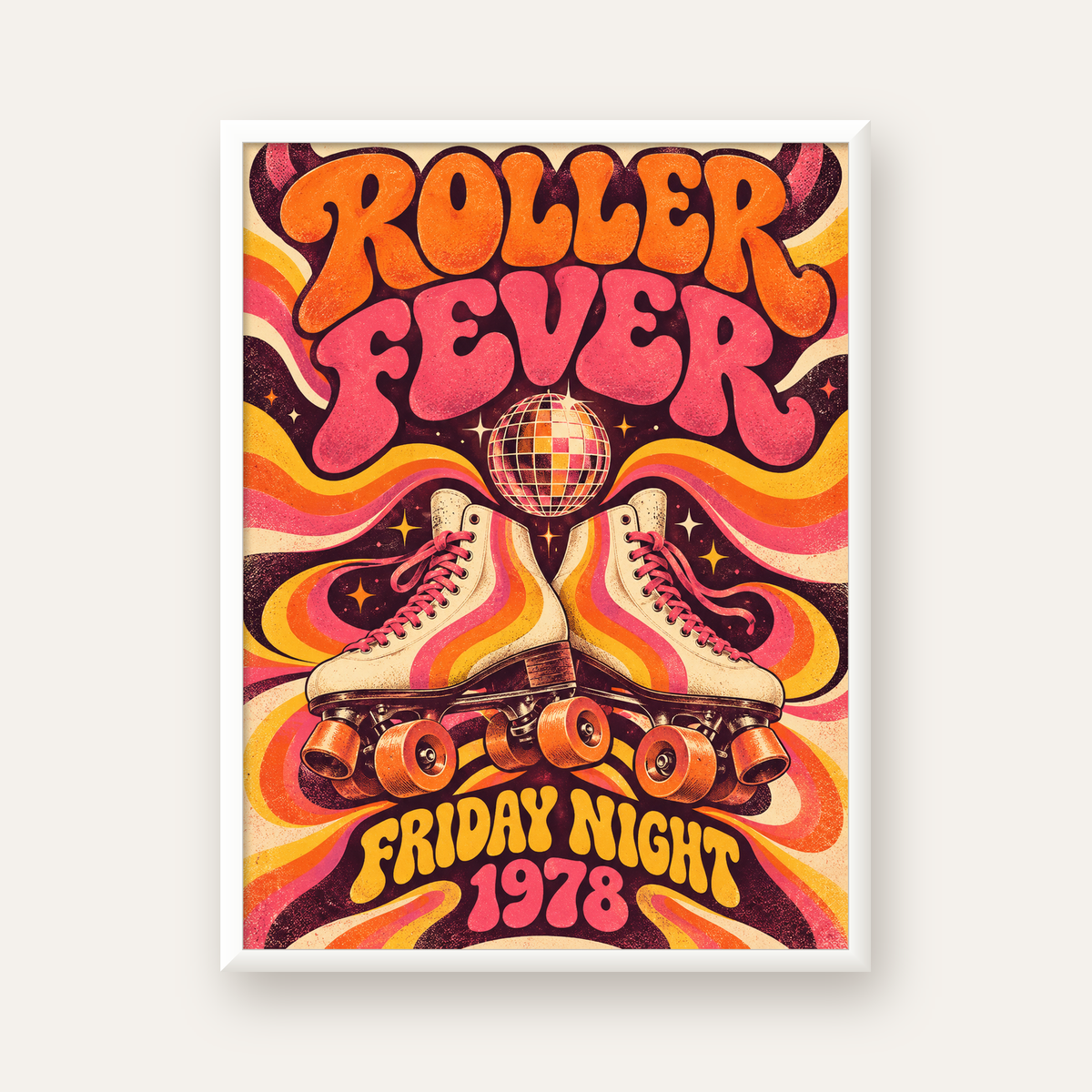 Retro Paten ve Disko Topu Poster – Renkli 70’ler Duvar Dekoru — beyaz çerçeveli dikey poster