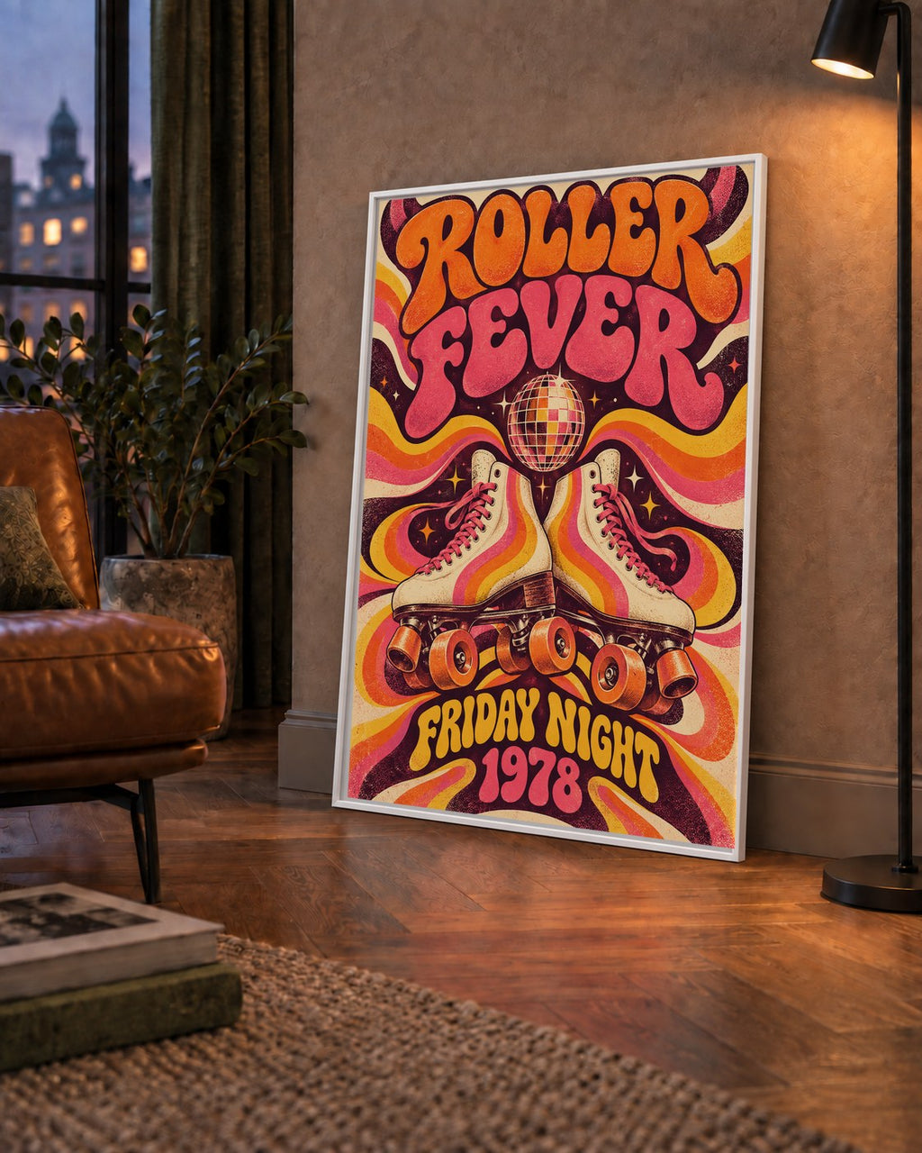 Retro Paten ve Disko Topu Poster – Renkli 70’ler Duvar Dekoru — çerçeveli hâliyle bir ev duvarında