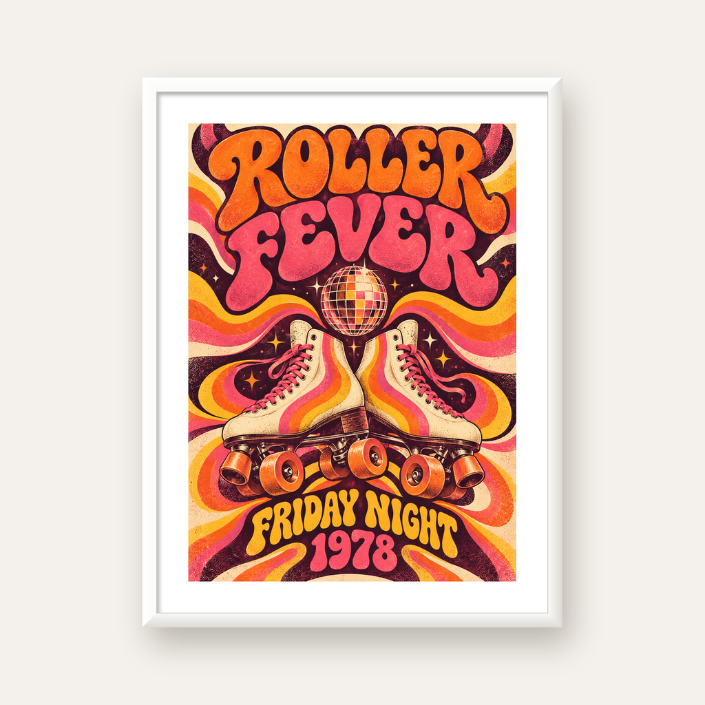 Retro Paten ve Disko Topu Poster – Renkli 70’ler Duvar Dekoru — beyaz çerçeveli dikey poster