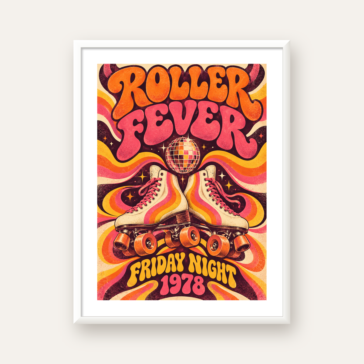 Retro Paten ve Disko Topu Poster – Renkli 70’ler Duvar Dekoru — beyaz çerçeveli dikey poster