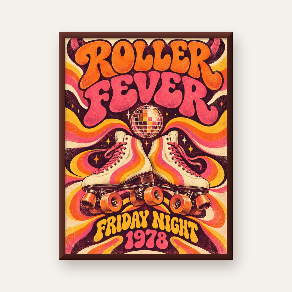 Retro Paten ve Disko Topu Poster – Renkli 70’ler Duvar Dekoru — ceviz çerçeveli