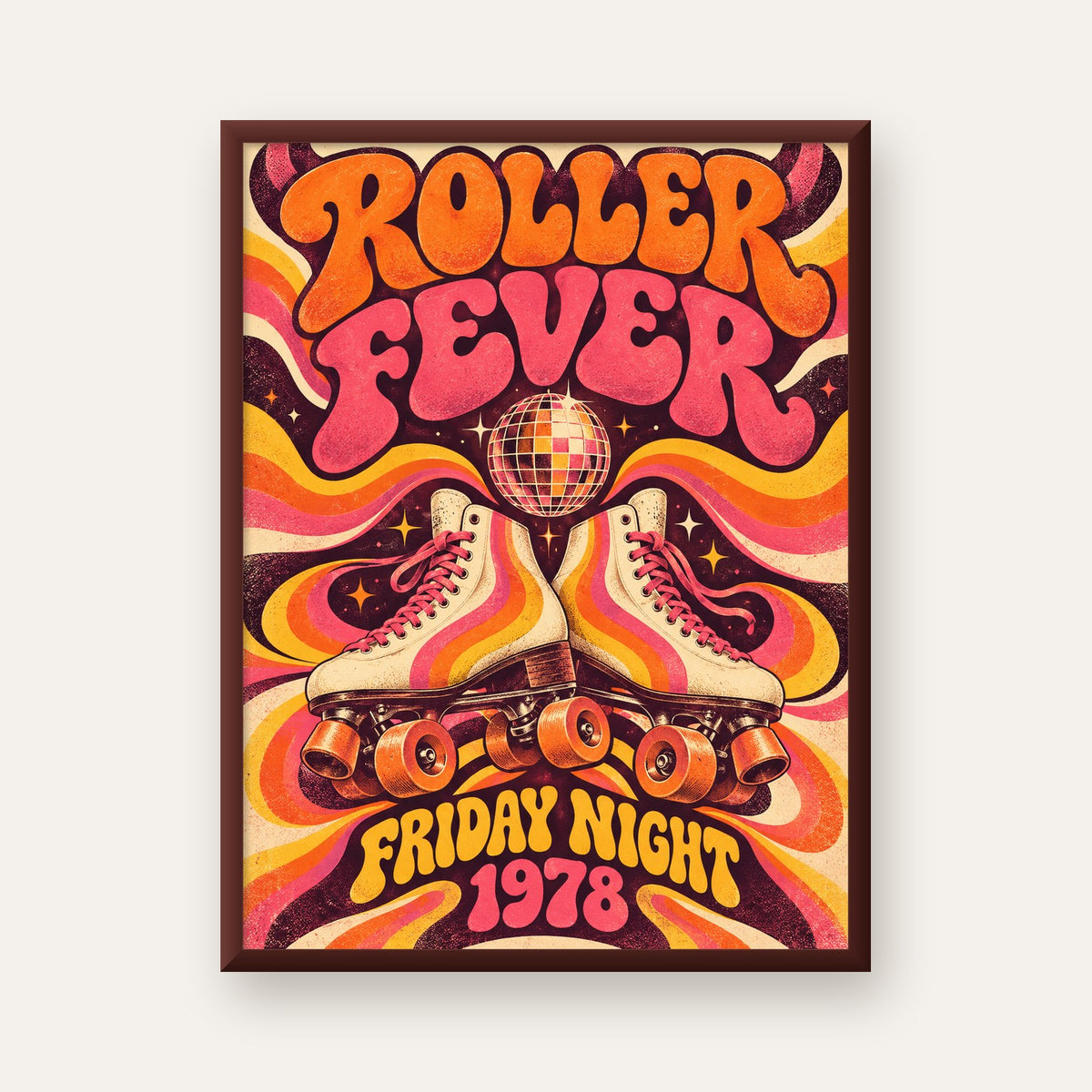 Retro Paten ve Disko Topu Poster – Renkli 70’ler Duvar Dekoru — ceviz çerçeveli