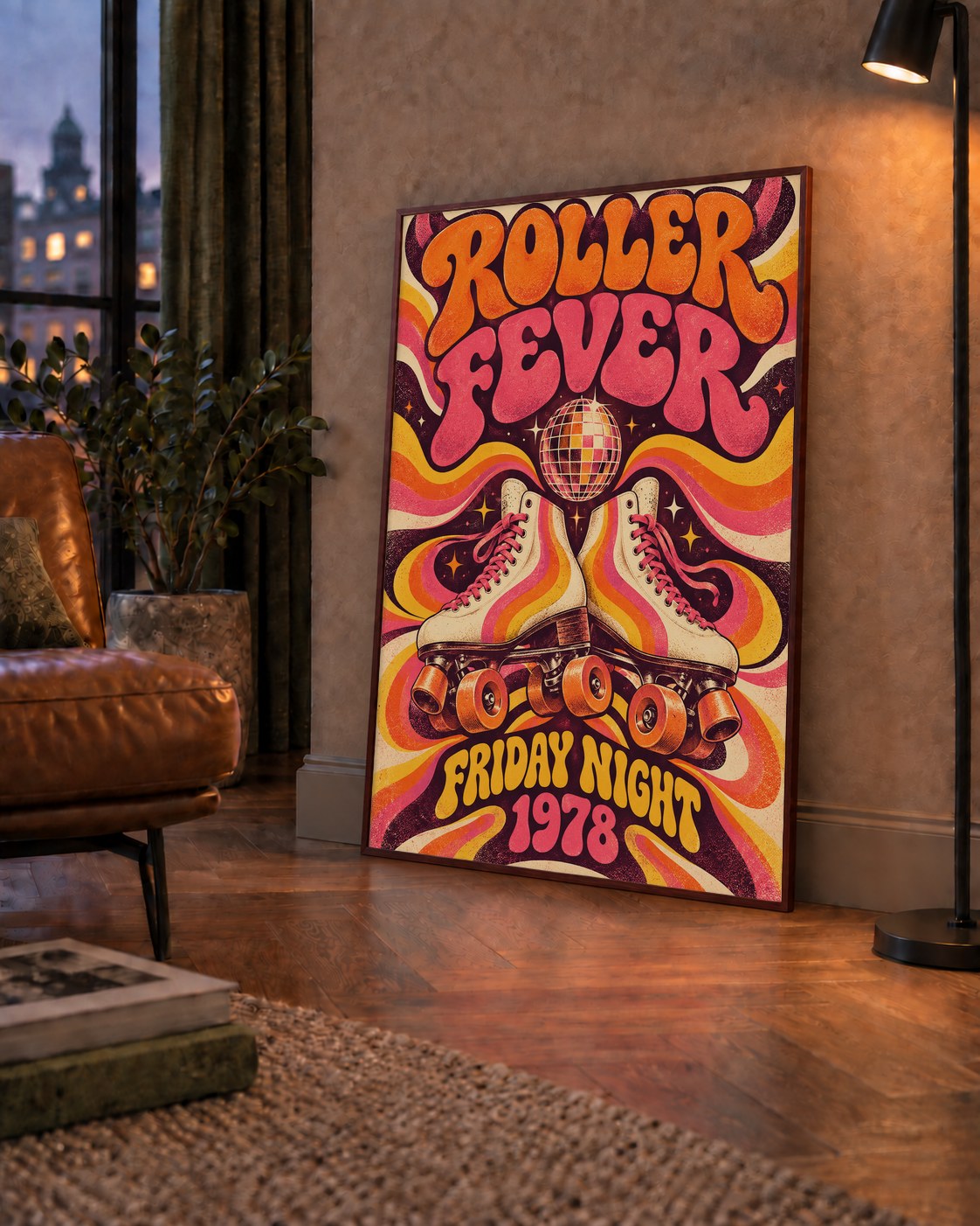 Retro Paten ve Disko Topu Poster – Renkli 70’ler Duvar Dekoru — çerçeveli hâliyle bir ev duvarında