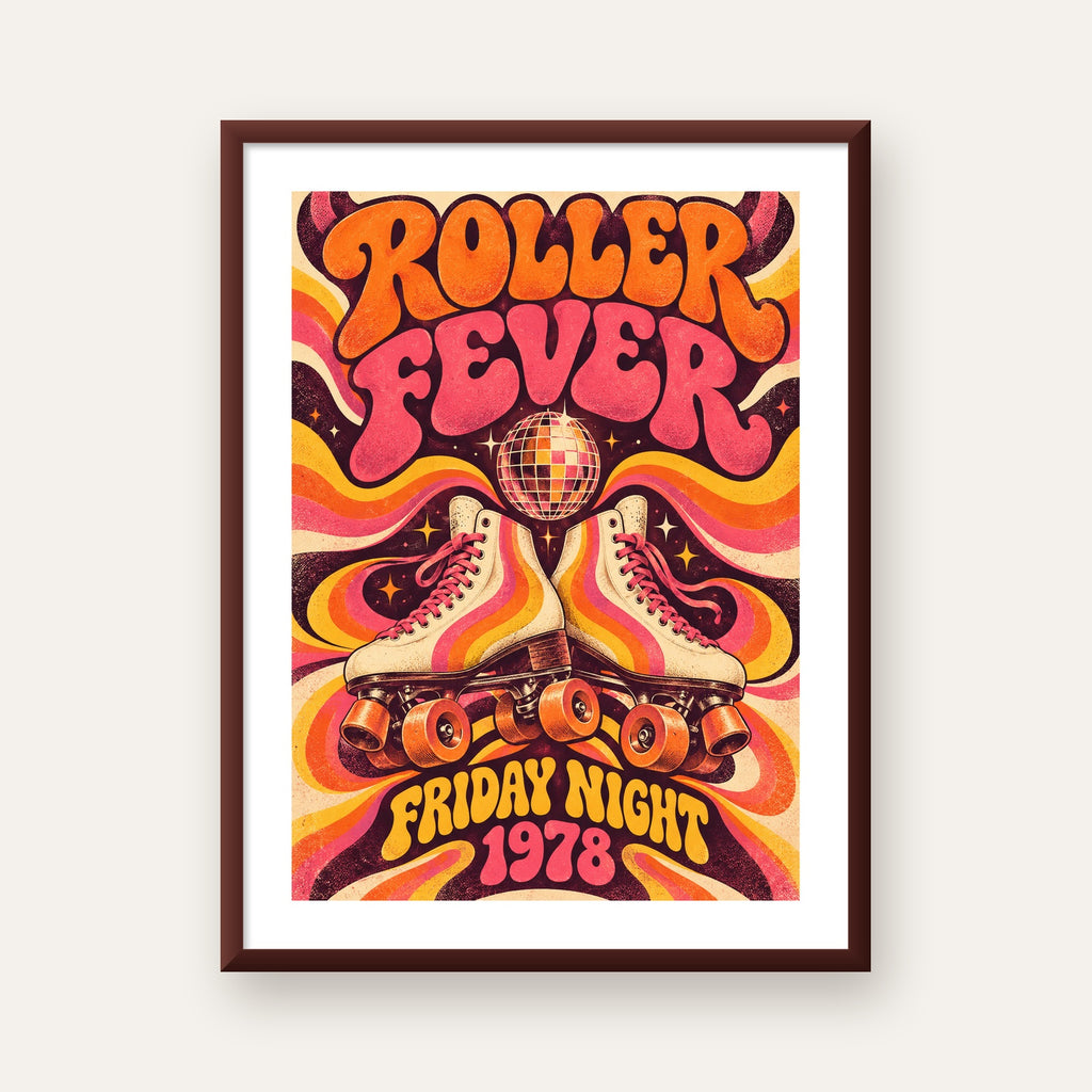 Retro Paten ve Disko Topu Poster – Renkli 70’ler Duvar Dekoru — ceviz çerçeveli paspartulu