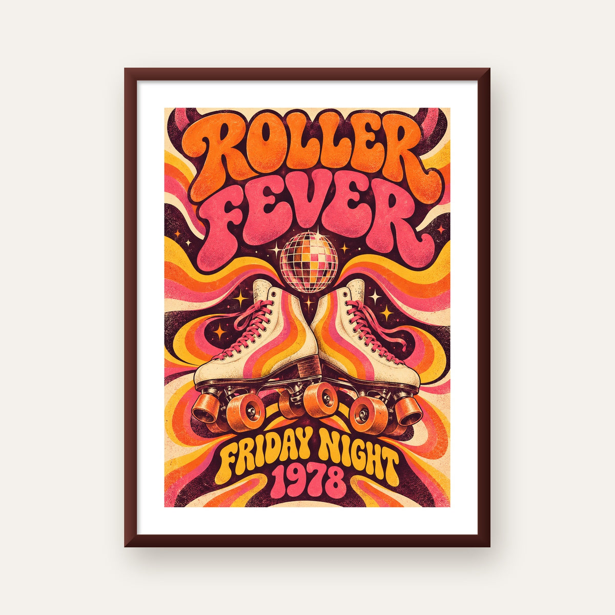 Retro Paten ve Disko Topu Poster – Renkli 70’ler Duvar Dekoru — ceviz çerçeveli paspartulu