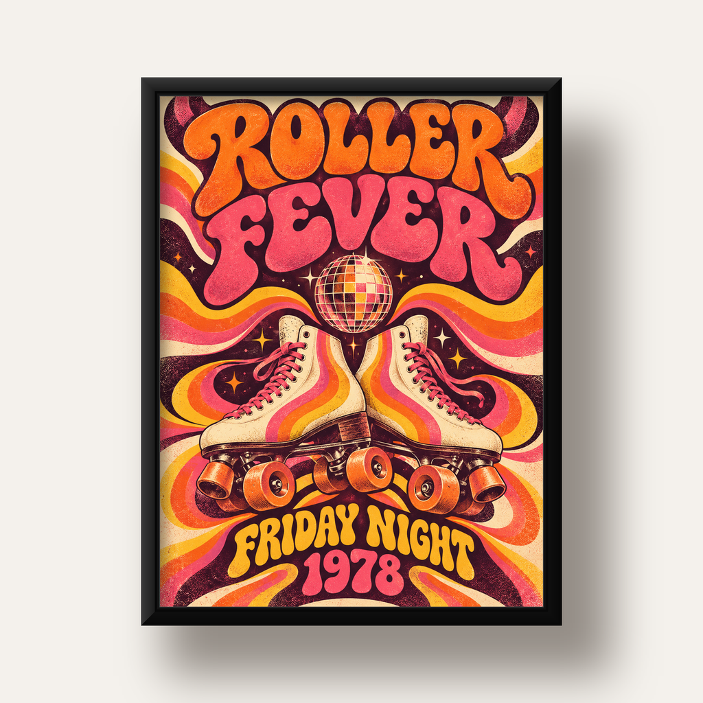 Retro Paten ve Disko Topu Poster – Renkli 70’ler Duvar Dekoru — siyah derin çerçeveli