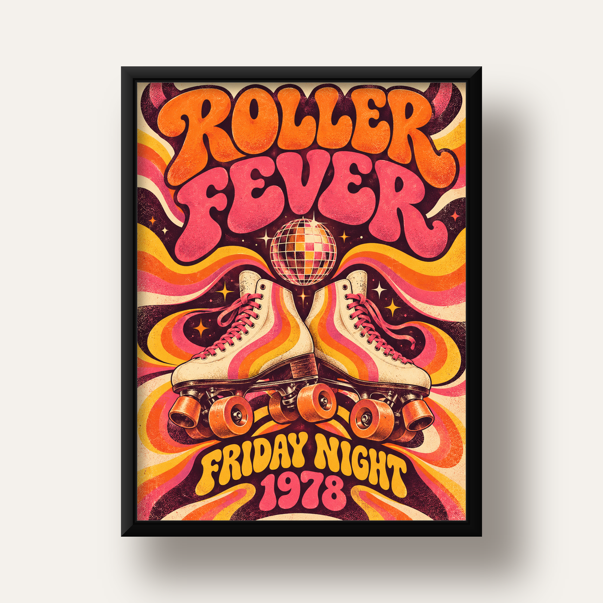 Retro Paten ve Disko Topu Poster – Renkli 70’ler Duvar Dekoru — siyah derin çerçeveli